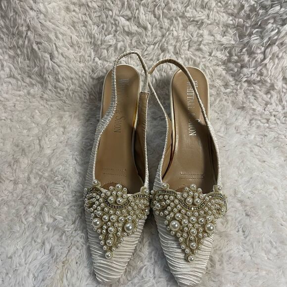 Whittall Shon fabric off white satin scrunch 
White Pearl Embellished Shoes SZ12 - Picture 2 of 10